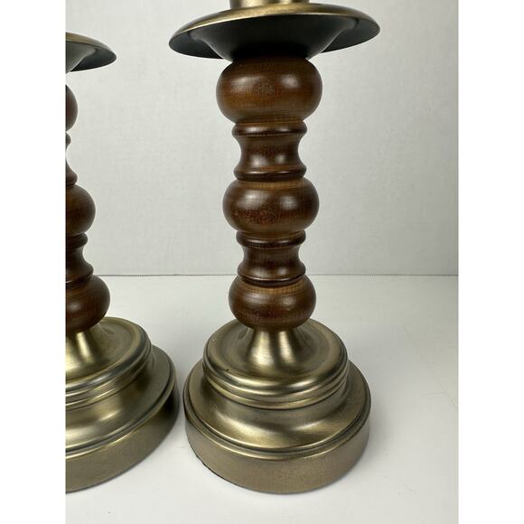 Vintage Homco Wood and Brass Candlestick Holders With Clear Glass Votives - Picture 3 of 8